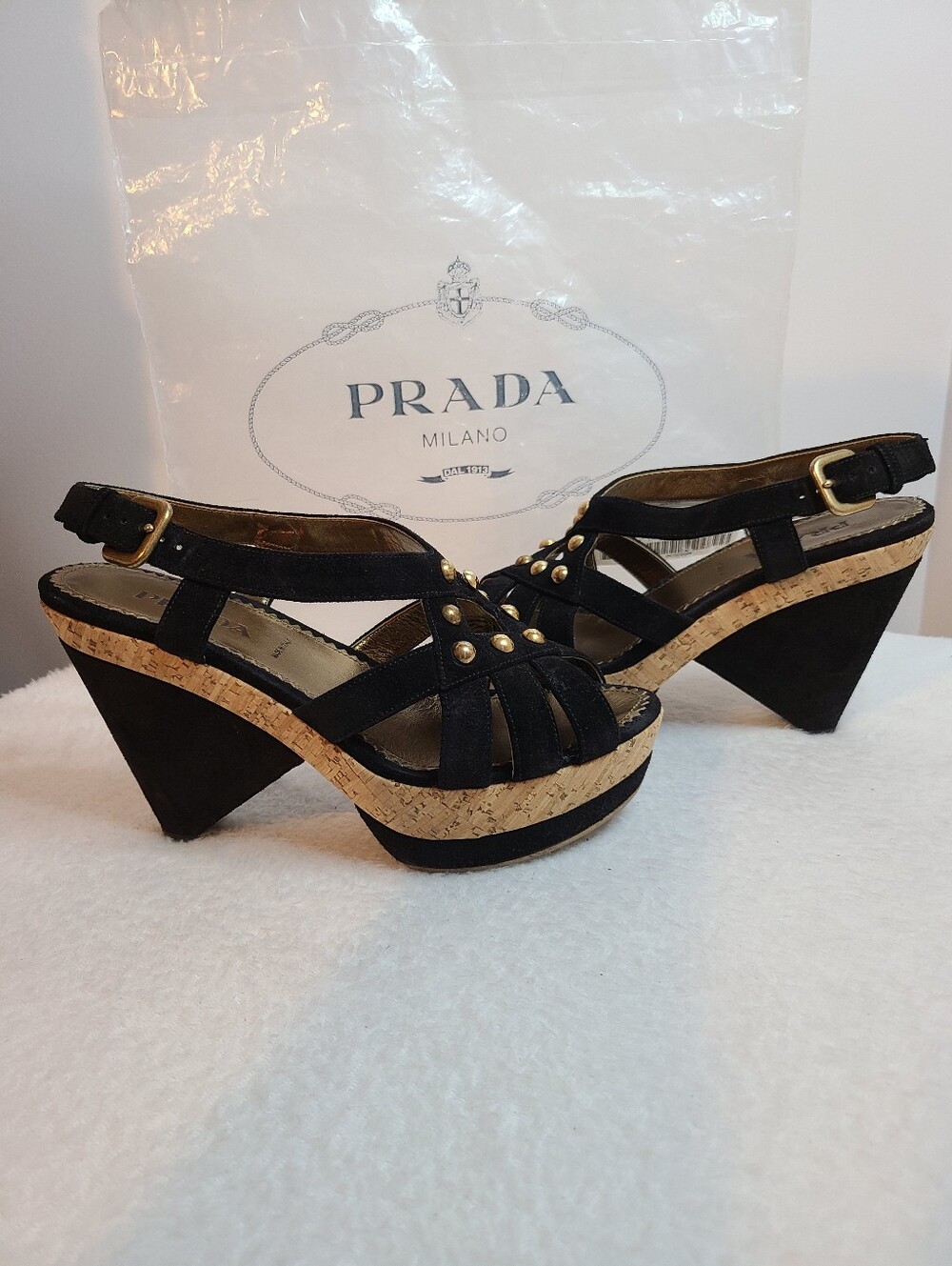 Vintage PRADA Black Strappy Suede Cork Platform Wedge Sandals Size 6.5